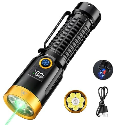 ASORT Wiederaufladbare Taschenlampe mit grünem Lichtstrahl, 7 Leuchtmodi, USB-C Superhell flashlight, geeignet für Outdoor-Aktivitäten, Notfälle, Patrouillen, Camping, Baustellen