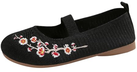 Ballerine da donna comode slip on sneaker, morbide e sportive, da ballo da donna, in tessuto traspirante, a maglia piatta, con ricamo squisito, Nero , 38 EU