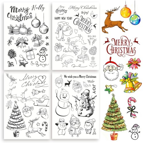 Sellos de silicona de Navidad, 4 Sellos Transparentes Temáticos Navidad, sellos de Goma Transparentes de navidad, navidad de Invierno Sello Transparente, Christmas Silicone Stamps para Scrapbooking