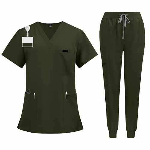 Meichoon Medical Scrub Set Short Sleeve V Neck Top with 3 Pockets and Adjustable Tapered Pants Healthcare Uniform Set