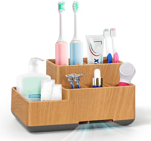 Soporte para cepillos de dientes grande, soporte de plástico extraíble, almacenamiento multifuncional para cepillo de dientes, pasta de dientes, maquinilla de afeitar, grano de madera