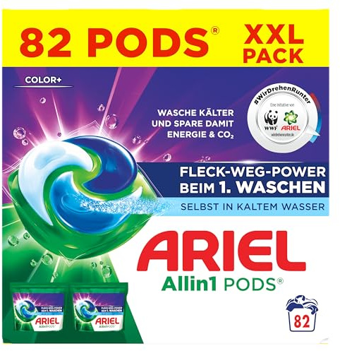 Ariel Allin1 PODS, flytande tvättmedelskapslar 82 tvättar, Color+, fläckvägkraft från 1:a Tvättas även i kallt vatten
