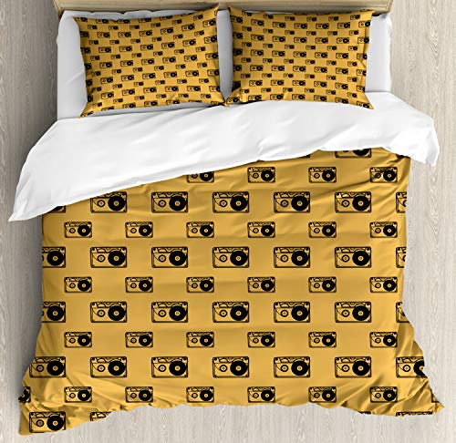 Ambesonne Retro Duvet Cover Set, Old Times Cassettes Musical Items Repetitive Entertainment Equipment, Decorative 3 Piece Bedding Set with 2 Pillow Shams, Queen Size, Pale Earth Yellow Taupe