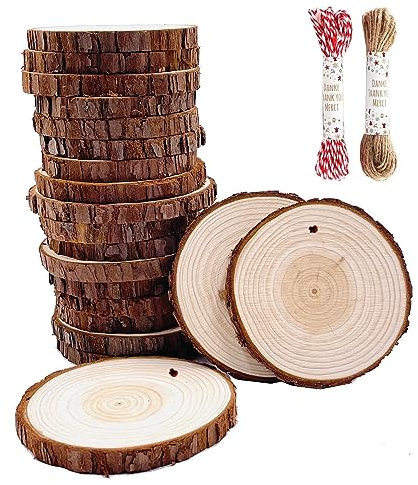 Rodajas de Madera Círculos 9-10 cm 20 pcs Discos de Madera Rebanada 10m Cuerda de Cáñamo Maderas Naturales Perforado Con Corteza de Árbol Para Manualidades