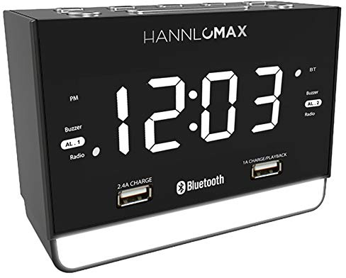 HANNLOMAX HX-131CR Alarm Clock Radio. PLL FM Radio, 1.2 White LED Display, Bluetooth, USB Ports for 2.4A & 1A Charging/MP3 Playback, Night Light, AC Power Operation only.