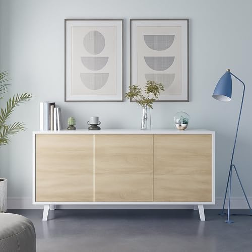 Dmora - Credenza Arvada, Buffet da cucina, Armadio di design da soggiorno, Madia moderna a 3 ante e ripiani, 154x40h75 cm, Bianco e Rovere
