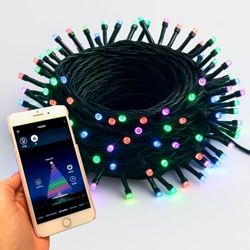FlinQ - Ghirlanda di luci a LED RGB per albero di Natale, con timer, 160 luci colorate per interni ed esterni, IP44, resistente alle intemperie, 19 m