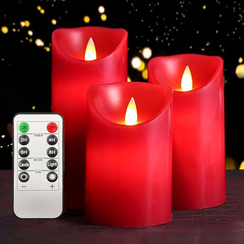 ILEEDear Velas led, Velas led efecto llama, pack de 3 luces led cera reales con mando a distancia y temporizador velas decorativas de pilas para chimenea, adornos salon, navidad decoración casa, Rojo