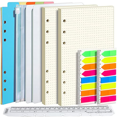 FANDAMEI A5 Papier Gepunktete Nachfüllpapiere Set, 6 Löcher A5 Gepunktete Nachfüllbare Notizpapier 90 Blätter, 7 Stk. Trennblätter, 320 Stk. Haftnotizen, 1 Stk. Umschlägbeutel, 20 CM Lineal