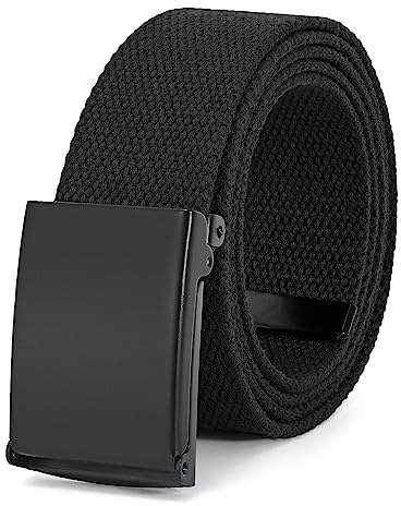 WHIPPY Canvas Web Belt Flip-Top Solid Black Military Buckle Fully Adjustable Mens Webbing Belts Cut To Fit Black S