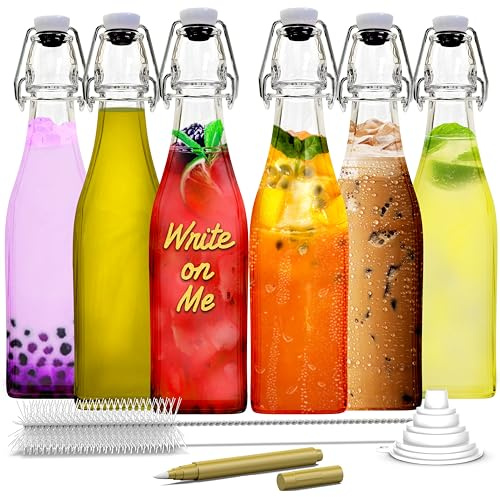 Nevlers 17 Oz Square Flip Top Glass Bottle with Lid 6 Pack | Swing Top Glass Bottles with Airtight Lids, Funnel, Brush & Gold Marker | Coquito Bottles with Caps | Juice, Extract & Syrup Container Set