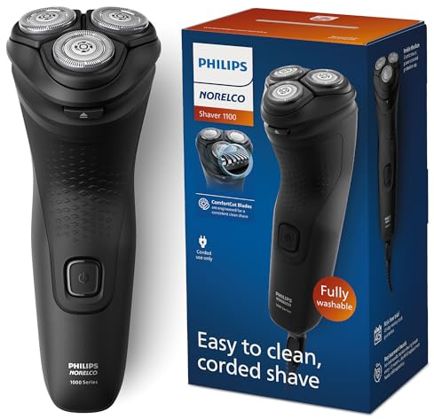 Philips Norelco Shaver 1100 Series, Dry Electric Shaver, 27 Self-Sharpening ComfortCut Blades, 4D Floating Heads, P-Cap, Deep Black, Model S1016/90