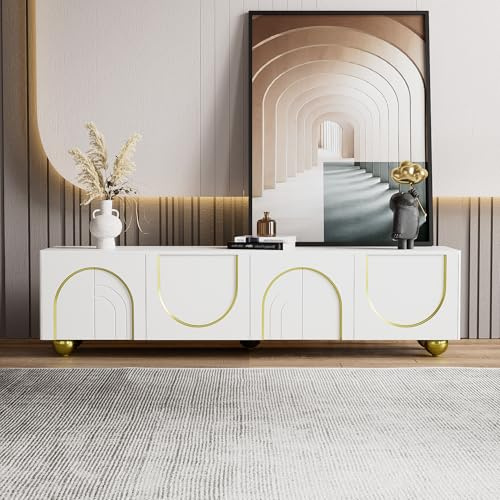 Mueble de TV bajo con puertas con textura incluyendo estantes push a abierto, adornos de oro, patas redondas de oro