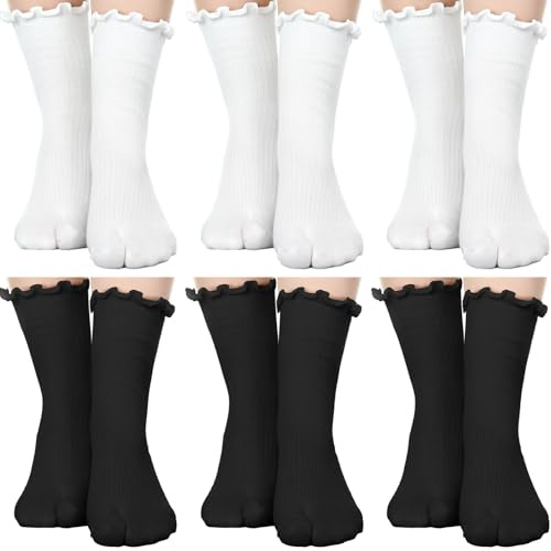 Bencailor 6 Pairs Tabi Socks Women Split Toe Flip Flop Frilly Socks Cotton Japanese Sandal Slipper for Men Women Unisex(Simple Colors,8-11)