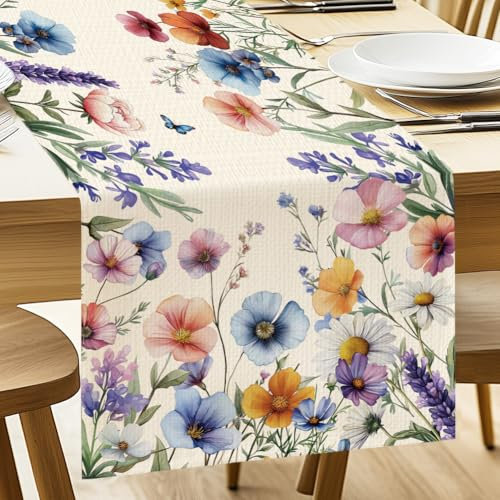 ANATTASOUL Wildblumen und Schmetterlinge Tischläufer, Saisonnal Sommer Küche Tisch Dekoration Drinnen Urlaub Party Dekor 33x183 cm