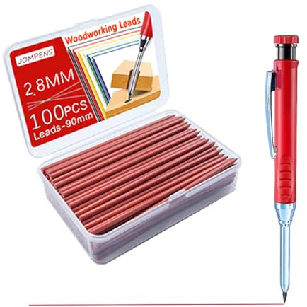 JOMPENS Lot de 100 mines de crayon de 2,8 mm, recharges de charpentier solides, marqueurs à trou profond, étanches pour menuiserie, construction, bâtiment (rouge)