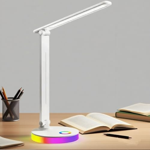 sakruda LED Desk Lamp,Eye-Caring Touch Control Table Lamp W/USB Charging Port,Stepless Dimmable Beside Reading Light,Foldable Desk Lamp W/Colored Night Light for Work,Kids Study,Home,Bedroom,White