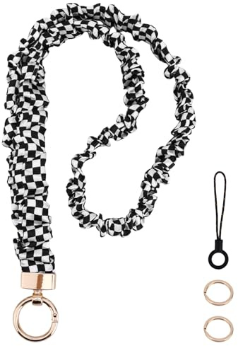 Fukaisu Lanière Élastique Chouchou, Jolis Cordons Extensibles Cou avec 2 Anneaux et 1 Dragonne Téléphone Portable Porte-Clés Badges Identification Clés pour Femmes Enseignantes (Noir Blanc)