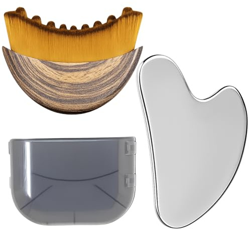 Stainless Steel Gua Sha Tool & Lymphatic Drainage Face Brush Set, TWPER Facial Massage Kit for Jawline Sculpting Puffiness Lifting Relaxation, Contour Face Brush with Storage Case