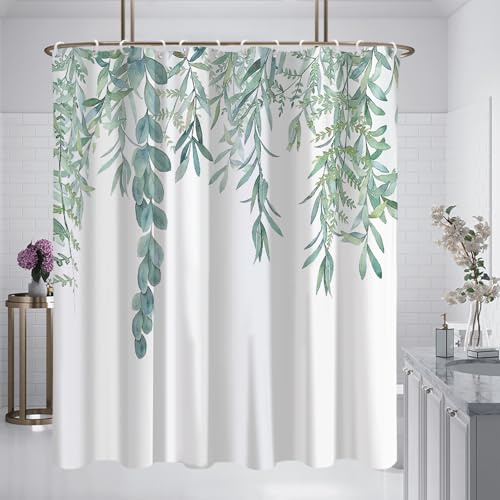 FYting Duschdraperi 180 x 180 cm med blommor med gröna hängande fåll, naturlig, vattentät, mögelbeständig, duschdraperi med öljetter och 12 stycken duschdraperiringar pilgrön | Naturligt fallande, vattentät och mögelbeständig, med ögon och 12 gardinringar