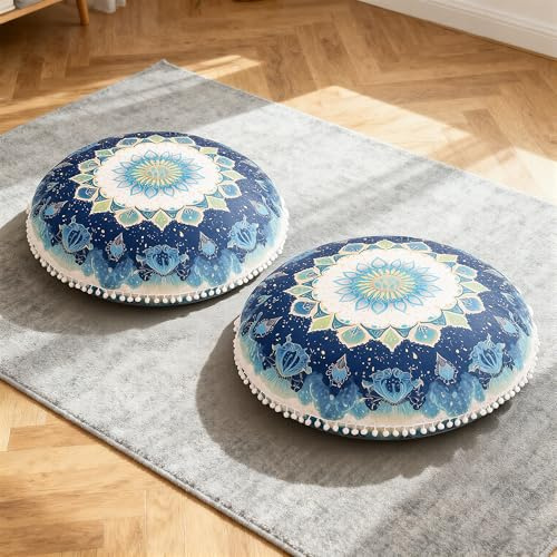 DAWNYIELD 2-pack meditationsgolvkudde, rund golvkudde med tvättbart avtagbart överdrag, 80 cm stor ergonomisk yogagolvkudde för vuxna med pom-pom accenter, inomhus/utomhusbruk, Grön