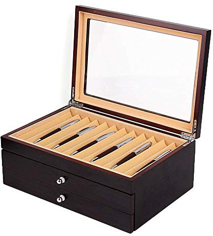 Stifthalterbox Holz, Stifte Sammelbox, Penbox Pens Veranstalter Aufbewahrungskiste Display Box Organizer Box mit Glasfenster Drei Ebene Vitrine mit Schubladen für 34 Stifte Schreibgeräte (Schwarz)