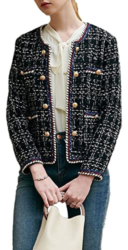 YAOTT dam kontorsmode bära dubbelknäppt tweed kavaj elegant vintage långärmad pläd chic kofta toppar hög kvalitet, svart, XL