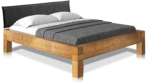 moebel-eins CURBY Balkenbett mit Polster-Kopfteil, 4-Fuß, Material Massivholz, 180 x 200 cm, Vintage, Stoff Anthrazit, Standardhöhe