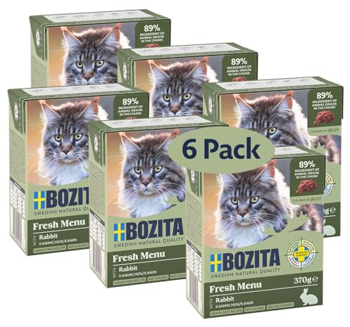 Bozita Tetra Häppchen mit Kaninchen in Sauce – 6x370g getreidefreies Katzenfutter ohne Zuckerzusatz – mit 7,5% Protein, 5% Fett – besonders feiner Fleischgeschmack & gentechnikfrei