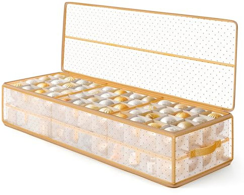 SONGMICS Christmas Ornament Storage Box, 96 Slots of 3 Inches, 38 L x 13.2 W x 6.9 H, Bauble Storage Box with Dividers, Zippers, Side Handles, Under the Bed, Sandy Gold URFB031A01