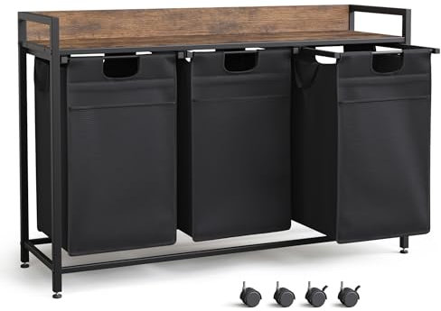 Mondeer Wäschekorb 3 Fächer, Wäschesammler mit Ablage und 3 Herausziehbaren Abnehmbaren Wäschesäcken, Metallgestell Wäschebox mit Fronttasche Geeignet für Schlafzimmer und Badezimmer, 3x50L