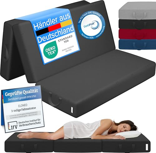 ELONEO Klappmatratze, Gästematratze, 3-teilige Faltmatratze, Schaumstoff extra dick (15cm), waschbar, Bandscheibenwürfel, klappbar, Faltbare Matratze, Erwachsene (Schwarz, 140 x 195 x 15 cm)
