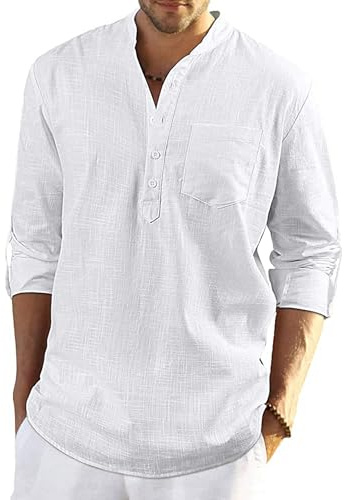 YAOBAOLE Chemise en Lin Homme Chemise Col Mao Homme Ete Leger de Plage Col Mao Blanc L