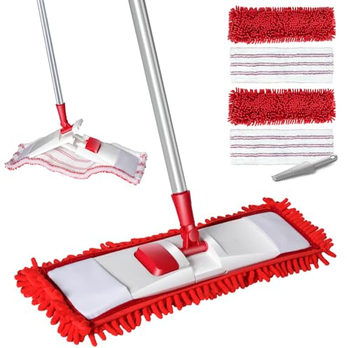 MASTERTOP Floor Mops for Cleaning Floors, Microfibre Flat Mop for Hard Floor - Multi-Surface Wet and Dry Cleaning Mop for Indoor Home - 4 Reusable Pads (Chenille + Nylon) - Red