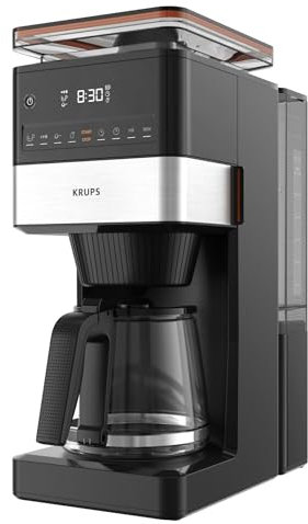 Krups Grind Aroma XL Filterkaffeemaschine, abnehmbares Kegelmahlwerk, digitales Bedienfeld, XL-Fassungsvermögen (1,5 L), Warmhaltefunktion, Glaskanne, Schwarz/Edelstahl, KM842810