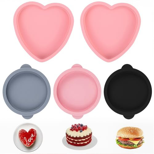 JAWUZ Moules à Gâteaux Ronds en Silicone - Ensemble de 5 Pièces, 3 Moules Ronds et 2 Moules Cœurs, 10 cm (6 pouces) - Moules Antiadhésifs pour Gâteaux, Muffins, Desserts et Sous-Verres en Résine