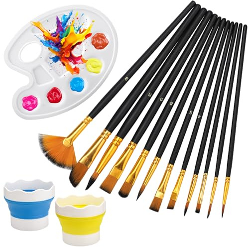 12 Piezas Pinceles de Acuarela, con 2 Piezas Vasos para Pincele y 1 Pieza Paleta para Mezclar, Pinceles Pintura Acrilica, Juego de Pincele para Acrílico, Acuarela, óleo y Gouache Pintura