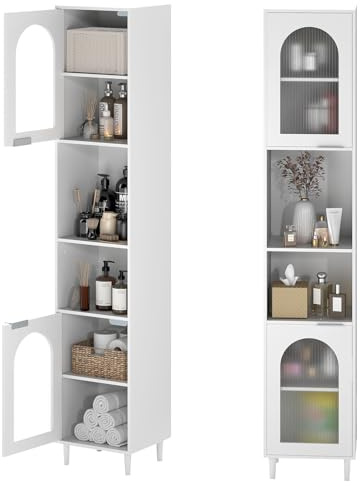 COSTWAY Mobiletto da Bagno, Armadio Alto in Legno con 2 Ante in Vetro Scanalato e Ripiani Regolabile, 35 x 30 x 180 cm, Mobile Salvaspazio per Cucina e Soggiorno (35 x 30 x 180 cm)