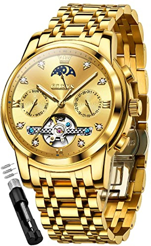 OLEVS Montre Homme Mécanique Automatique Squeletté Tourbillon Calendrier Étanche Lumineuse Classique Luxe 6678 doré