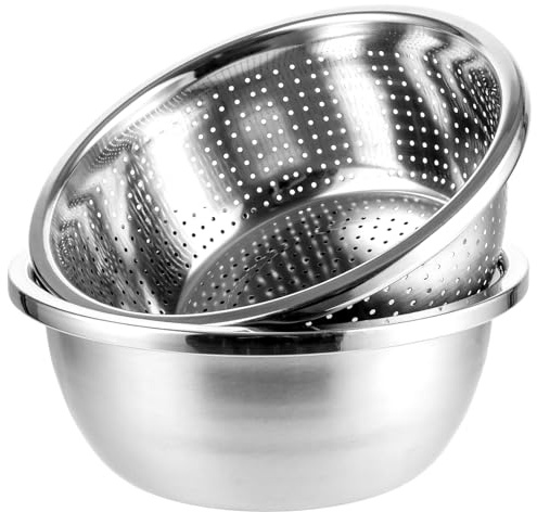 LDHHYH 2 Piezas Colador Acero Inoxidable 26 cm, Escurridor Pasta Grande con Bol Apilable para Arroz Verduras Frutas, Colador Pasta de Cocina Diario, Uso Diario en Cocina Familiar