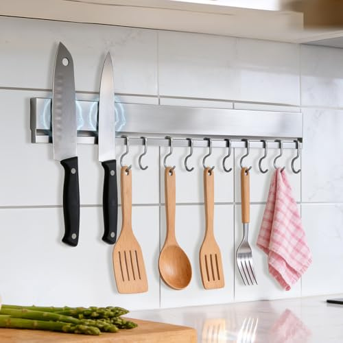 BigKing Magnetlist kniv med 10 krokar, 40 cm knivhållare, magnetisk silver, inklusive tejp och skruvar, extra stark magnetisk knivremsa för knivar och redskap (silver, 40 cm)