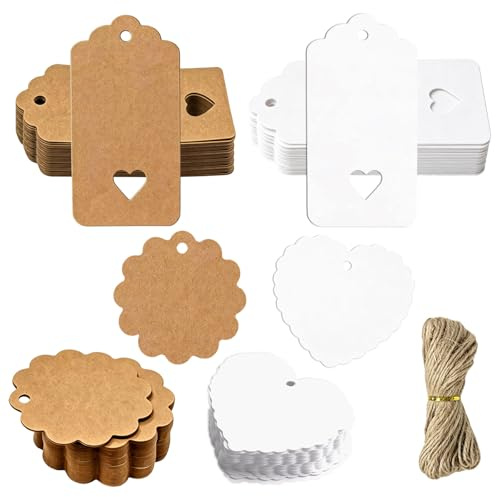 200Pcs Blank Labels with String for Presents Price Clothing Personalised Paper Gift Tags for Presents Wrapping Wedding Christmas Birthday Valentine's Day DIY Crafts(Brown&White) 300g/m²