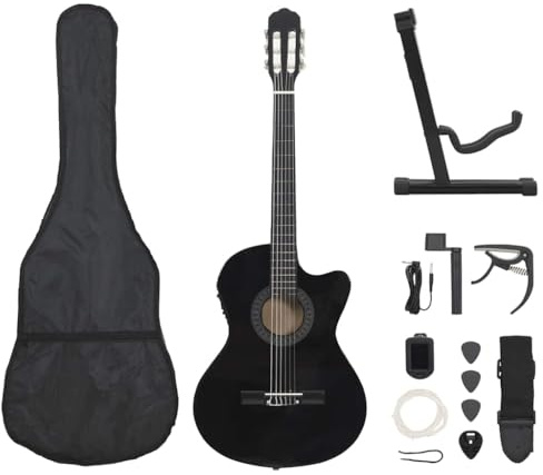 Ziaphsol Lot de 12 guitares occidentales avec égaliseur 6 cordes - Noir - Guitare acoustique cutaway pour débutants - Avec accordeur, capodastre, médiators, manivelle