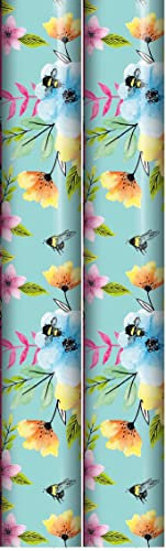6m Female Floral Gift Wrapping Paper 2x3m Roll Green with Pink Orange Blue Flowers and Bees