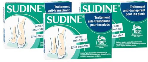 SORIFA - Lot de 3 - Sudine Poudre Traitement Anti-transpirant - Pied - Régule la transpiration - Absorbe - Prévient les mycoses - Sans sels d’aluminium - Fabriqué en France - Boite 6 sachets-doubles