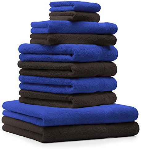 Betz 10-TLG. Handtuch-Set Premium 100% Baumwolle 2 Duschtücher 4 Handtücher 2 Gästetücher 2 Waschhandschuhe Farbe Royal Blau & Dunkel Braun