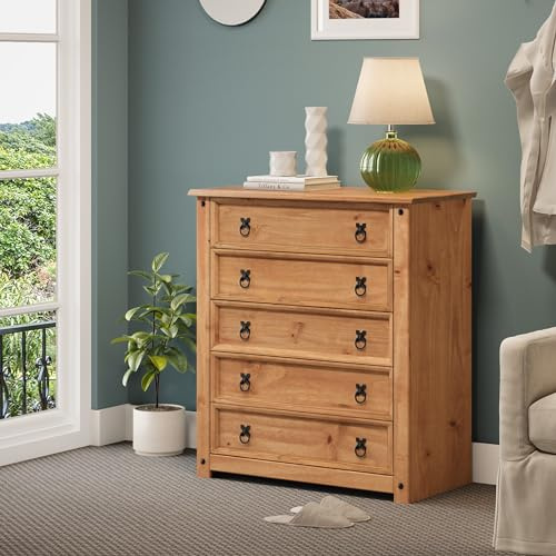 Mercers Furniture Trade Corona 5 Drawer Chest Small Solid Wood Pine Wooden Bedroom Storage Mexican Style Dresser Drawers 89cm High 80cm Wide 41cm Deep