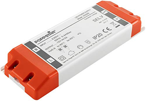 Poppstar Transformateur 220V AC / 12V DC 5A jusqu'à 60W (Watt), Ballast, Alimentation 12V pour LED