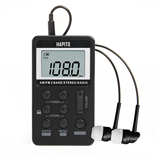 Pocket AM FM Radio Portable Digital Tuning Radio with Best Reception - Hapito Personal Small Transistor radios with Sterio Earphone, Rechargeable Battery and Lock Screen for Walk/Gym (Black)