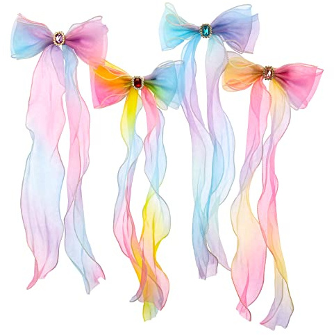 Little World Bow Hair Clips - Set of 4 Ribbon Hair Bows for Girl Women, 13 inch Colorful Ribbon Lace Clip for Hair Accessories